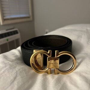 Salvatore Ferragamo Black+Brown Reversible Belt with Gold Double Gancini Buckle